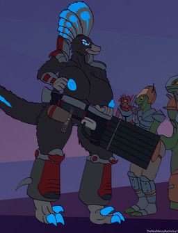 anthro armor big_breasts black_body black_feathers blue_body blue_claws blue_eyes blue_eyeshadow blue_feathers blue_nipples blue_vulva boots breasts casual_exposure casual_nudity claws clothing eyeshadow feathers feet female female_focus footwear gauntlets genitals gloves green_body grey_body grey_feathers grey_feet grey_hands grey_snout group gun handwear headgear helmet holding_gun holding_object holding_ranged_weapon holding_weapon huge_breasts makeup male nipples nude ogling ranged_weapon red_body shoes sickle_claw simple_background thick_thighs toe_claws tongue tongue_out vulva weapon yellow_eyes therealmessyroomguy1 lumina_(therealmessyroomguy1) dinosaur dromaeosaurid feathered_dinosaur feathered_scalie lizard prehistoric_species reptile saurischian scalie theropod absurd_res hi_res watermark
