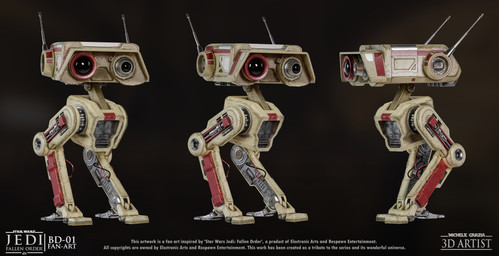 ambiguous_gender armless black_background black_eyes machine markings metallic_body multicolored_body noseless not_furry red_markings simple_background solo standing tan_body text three-quarter_view michele_garzia electronic_arts respawn_entertainment star_wars star_wars_jedi:_fallen_order bd-1 bd_explorer_droid robot 2024 3d_(artwork) artist_name character_name colored digital_media_(artwork) english_description english_text hi_res