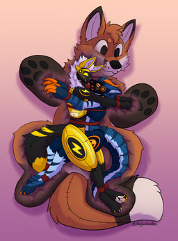 anthro ball_gag bdsm black_body black_fur blue_body blue_fur blush bondage bound bound_together claws cobondage cuddling cybernetics duo encasement feet fur gag hug lying machine male male/male multicolored_body neck_tuft orange_body orange_eyes pawpads paws plushie plushification screen screen_face shared_gag simple_background solo tail toes tuft white_body white_fur yellow_body yellow_eyes skylardoodles animate_inanimate canid canine cyborg fox living_plushie mammal protogen robot digital_media_(artwork) hi_res