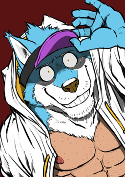 5_fingers black_nose blue_body blue_fur clothing fingers fur grin hat headgear headwear jacket male muscular muscular_male nipples pink_nipples red_background simple_background smile solo split_form teeth topwear white_body white_clothing white_fur yellow_eyes monapic_chang subaru_(monapic_chang) animal_humanoid canid canine canis domestic_dog humanoid mammal 2020 hi_res