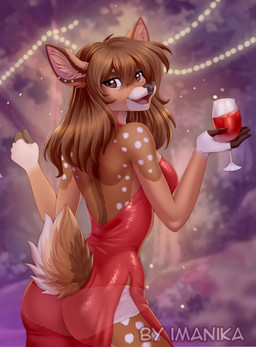 5_fingers anthro blurred_background breasts brown_body brown_fur brown_hair clothed clothing container cup dress drinking_glass ear_piercing evening_gown eyelashes female fingerless_(marking) fingers fur furgonomics glass glass_container glass_cup gloves_(marking) hair holding_glass holding_object inner_ear_fluff light long_hair looking_at_viewer looking_back looking_back_at_viewer markings narrowed_eyes open_mouth piercing pink_inner_ear pose red_clothing red_dress scut_tail short_tail smile smiling_at_viewer solo spots spotted_body spotted_fur string_lights tail tan_body tan_fur tan_inner_ear_fluff text tongue translucent translucent_clothing tuft underwear white_body white_fur wine_glass imanika eri_(feral.) deer mammal 2022 artist_name digital_media_(artwork) english_text lighting shaded soft_shading watermark