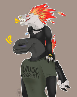 3_toes anthro arm_feathers arm_tuft blush blush_lines bodily_fluids bodysuit bracelet breasts carrying_another choker claws clothing digit_ring digitigrade duo eyelashes eyes_closed facial_piercing feather_hair feathered_crest feathers feet female female_on_humanoid finger_claws finger_ring freckled_breasts freckled_chest freckled_face freckles head_crest humanoid_on_anthro jewelry long_eyelashes male male/female male_on_anthro mandibles necklace non-mammal_breasts nose_piercing nose_ring pendant piercing piggyback pink_eyes pink_sclera pseudo_hair pupils red_body red_feathers ring_piercing shirt skinsuit slit_pupils smile sweat sweatdrop text tight_clothing toe_claws toes topwear tuft yellow_body yellow_feathers rainbow_dawn halo_(series) microsoft xbox_game_studios zir-zen alien humanoid ibie'shan kig-yar sangheili scalie colored english_text hi_res