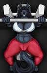 anthro bench_press big_breasts black_body black_fur bodily_fluids bottomwear breasts cleavage clothed clothing exercise female fur muscular muscular_female pants red_eyes solo sweat tuft yoga_pants tolerain elizabeth_(ostyeen) canid canine canis mammal wolf absurd_res hi_res