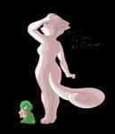 anthro blue_eyes breasts butt butt_pose cheek_tuft duo ears_back facial_tuft female feral fur green_body hand_on_head looking_back nude pink_body pink_fur pivoted_ears pose rear_view side_boob standing text tuft white_body white_fur wide_hips bittersweet_candy_bowl lucy_(bcb) yashy_(bcb) dinosaur domestic_cat felid feline felis khao_manee mammal prehistoric_species reptile scalie alpha_channel hi_res