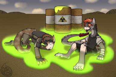 anthro bottomwear clothing full_foot_pawpads full_pad fur grey_body grey_fur grey_scales hazard_symbol heterochromatic_scleras heterochromia male markings mid_transformation orange_eyes pawpads paws radiation radiation_symbol radioactive radioactive_waste red_body red_markings red_scales scales scar shirt shorts symbol topwear transformation transformation_by_substance hydez fallout microsoft venrho_(razim) canid canine canis coyote hybrid mammal night_stalker_(fallout) reptile scalie snake 2026 3:2 hi_res