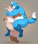 anthro antlers blue_body blue_fur blue_hair blush brown_body brown_fur duo fluffy fluffy_tail fur grey_eyes hair horn hug hugging_another male male/male one_eye_closed overweight overweight_male short_hair simple_background spots stripes tail tan_body tan_fur tan_hair white_body white_fur white_hair wink valerayu canid canine canis deer mammal wolf 2024 hi_res