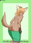 anthro blonde_hair bottomwear bottomwear_down butt clothed clothing eyes_closed female fur hair happy multicolored_body multicolored_fur naive nipples pants pants_down partially_clothed ponytail slim smile solo tail text topless topless_anthro undressing flyingtrace yazz_(flyingtrace) canid canine fennec_fox fox mammal true_fox 2023 cel_shading digital_media_(artwork) english_text hi_res shaded signature url