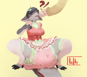 4_fingers 4_toes accessory ambiguous_gender anthro baby_bottle beverage big_diaper black_claws black_hair black_sclera black_toe_claws bodily_fluids bow_accessory bow_ribbon bow_tie breasts button_(fastener) claws clean_diaper clothed clothing container diaper dress drinking drooling duo feet female female_symbol fingerless_(marking) fingers fur gender_symbol gender_transformation green_bow grey_body grey_fur grey_tail hair hair_accessory hair_bow hair_ribbon holding_beverage holding_container holding_object interrobang leg_warmers legwear logo male_symbol mostly_offscreen_character multicolored_body multicolored_clothing multicolored_dress multicolored_fur multicolored_tail pink_bow pink_leg_warmers plushie red_body red_fur red_tail ribbons saliva seam_(sewing) simple_background sitting sitting_on_diaper symbol tail toe_claws toeless_(marking) toes transformation wearing_diaper yellow_background yellow_body wob cryo_lithius karen_(wob) animate_inanimate living_plushie sergal 2019 artist_logo