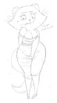 anthro areola breasts clothing female medium_breasts simple_background solo tail text thick_thighs tight_clothing wide_hips kaboozey little_dogs_on_the_prairie miss_kitty_(ldotp) domestic_cat felid feline felis mammal 2016 english_text full-length_portrait monochrome portrait