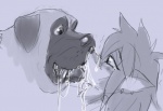 anthro anthro_on_feral bestiality bestiality_kiss black_nose blush bodily_fluids drooling duo extreme_french_kiss feral french_kissing hair kissing saliva simple_background sloppy_kiss ungulatr julia_(ungulatr) canid canine canis domestic_dog mammal 2016 monochrome