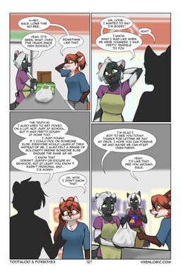 anthro apron athletic bag black_body black_fur blue_clothing blue_shirt blue_topwear blurred_background border bottomwear breasts brown_bottomwear brown_clothing brown_hair brown_markings brown_pants cheek_tuft chest_tuft chips_(food) cleavage clothed clothing dialogue dipstick_ears dipstick_hair dipstick_tail ear_markings eyewear facial_tuft female food fully_clothed fur glasses gloves_(marking) green_eyes grey_body grey_bottomwear grey_clothing grey_fur grey_pants group hair inside markings multicolored_ears orange_eyes pants ponytail purple_clothing purple_shirt purple_topwear red_body red_clothing red_fur red_hair red_shirt red_tank_top red_topwear shirt short_hair slim smug speech_bubble standing store tail tail_markings tank_top text tied_hair topwear trio tuft white_body white_border white_fur white_hair foxboy83 tootaloo vixen_logic gale_(vixen_logic) red_(vixen_logic) silver_(vixen_logic) canid canine fox mammal mephitid red_fox silver_fox skunk spotted_skunk true_fox colored comic digital_media_(artwork) english_text hi_res url