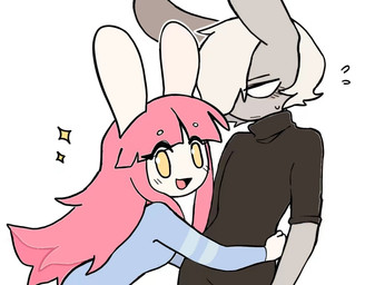 clothing duo female grey_body hair hug male male/female pink_hair smile white_body white_eyes white_hair yellow_eyes rotty+ hare humanoid lagomorph leporid mammal