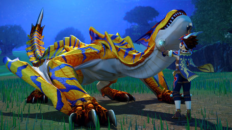 ambiguous_gender armor blue_body blue_scales blue_stripes brown_hair claws clothed clothing detailed_background duo feral grass hair hand_on_cheek hand_on_chin headgear headpat looking_pleasured male mount/rider_relations multicolored_body multicolored_scales night outside petting plant scales scritches sharp_teeth sky striped_body stripes tail teeth tree white_body white_scales wings yellow_body yellow_scales ivorylagiacrus capcom monster_hunter monster_hunter_stories monster_hunter_stories_2:_wings_of_ruin flying_wyvern human mammal scalie tigrex 16:9 2025 3d_(artwork) 4k absurd_res blender_(artwork) cel_shading digital_media_(artwork) hi_res shaded widescreen