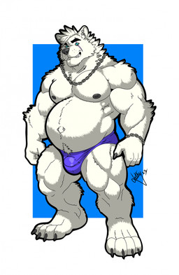 4_toes anthro areola barbell_piercing biceps black_nose blue_background blue_eyes body_hair border bulge chain_bracelet chain_necklace clothed clothing ear_piercing ear_ring eye_scar facial_scar feet fur grey_areola grey_nipples hair happy_trail humanoid_hands inner_ear_fluff jewelry looking_at_viewer male mohawk musclegut muscular muscular_anthro muscular_arms muscular_male muscular_thighs navel navel_barbell navel_piercing necklace nipple_barbell nipple_piercing nipples piercing ring_piercing scar simple_background solo standing toes tuft underwear underwear_only white_body white_border white_fur white_hair white_inner_ear_fluff dathgar bear mammal polar_bear ursine 2025 digital_drawing_(artwork) digital_media_(artwork) english_description hi_res