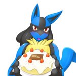 anthro black_inner_ear blue_body blue_ears blue_tail bodily_fluids cake dessert food front_view fruit fur fur_tuft holding_cake holding_food holding_object holding_plate looking_at_viewer open_mouth plant pupils red_eyes simple_background solo strawberry tail tears tongue tuft white_background kemojin nintendo pokemon generation_4_pokemon lucario pokemon_(species) 1:1 alternate_version_at_source hi_res