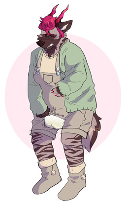 5_fingers ambiguous_gender anthro blush blush_lines bodily_fluids boots brown_body brown_boots brown_clothing brown_ears brown_footwear brown_fur brown_nose brown_overalls brown_sclera brown_stripes brown_tail clothed clothing colored_nails curly_hair diaper ears_back embarrassed fangs fingerless_(marking) fingernails fingers footwear fur genital_fluids green_clothing green_jacket green_topwear hair head_horn horn jacket looking_back nails overalls pink_fingernails pink_hair pink_horn pink_nails pivoted_ears shoes shortalls simple_background solo standing striped_body striped_fur stripes swimwear tail tan_inner_ear teeth three-quarter_view topwear unclean_diaper urine used_diaper wearing_diaper wet_diaper white_diaper yellow_clothing yellow_swimwear slusheep mythology bri_(kalash) canid canid_demon canine demon hellhound hyena mammal mythological_canine mythological_creature 2021 full-length_portrait hi_res portrait trans_(lore) trans_woman_(lore)