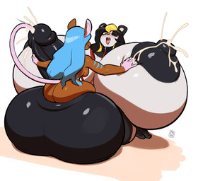 5_fingers anthro anthro_on_anthro balls big_balls big_breasts big_penis black_hair black_penis blue_hair blush bodily_fluids breasts butt duo dutch_angle female fingers genitals gynomorph gynomorph/female hair huge_balls huge_breasts huge_penis humanoid_genitalia humanoid_penis hyper hyper_balls hyper_breasts hyper_genitalia hyper_penis intersex intersex/female lactating looking_pleasured milk nipples one_eye_closed open_mouth penetration penis sex simple_background sitting_on_balls tail tail_fetish tail_in_urethra tail_insertion tail_play tail_sex urethral urethral_penetration white_background thehelmetguy shakey_olive tellah_zaphira bear giant_panda mammal mouse murid murine rodent 2020 hi_res