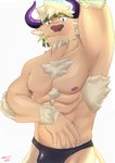 5_fingers abs accessory anthro body_hair brown_body brown_fur chest_hair clothed clothing facial_hair fingers fur hair headband horn looking_at_viewer male muscular muscular_anthro muscular_male nipples purple_eyes raised_arm simple_background solo swimwear topless white_hair kemmuono lifewonders tokyo_afterschool_summoners shennong_(tas) bovid bovine cattle mammal 2020 hi_res