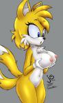 anthro big_breasts blue_eyes breasts chest_tuft clitoris clothing crossgender dipstick_tail female fur genitals gloves grey_background handwear holding_breast lipstick makeup markings mtf_crossgender multicolored_tail nipples nude pussy simple_background solo surprise tail tail_markings tuft white_body white_fur yellow_body yellow_fur jollysaunter sega sonic_the_hedgehog_(series) miles_prower canid canine fox mammal 2016 hi_res