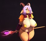 anthro big_breasts bottomwear breasts chest_tuft clothing female hair hair_over_eye holding_object holding_staff loincloth one_eye_obstructed pasties purple_hair solo staff three-quarter_view tuft matypup bovid caprine mammal digital_media_(artwork) digital_painting_(artwork) hi_res portrait shaded soft_shading three-quarter_portrait