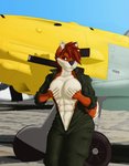 aircraft airplane anthro breasts brown_body brown_eyes brown_fur brown_hair clothed clothing coveralls covering covering_breasts detailed_background female fluffy fluffy_tail fur hair multicolored_body multicolored_fur muscular muscular_anthro muscular_female open_mouth open_smile overalls piercing smile solo tail two_tone_body two_tone_fur vehicle white_body white_fur saruuk messerschmitt canid canine canis mammal wolf hi_res