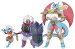 absurd_res anthro armor bagon big_breasts breast_size_difference breasts cleavage clothed clothing dragon evolutionary_family female generation_3_pokemon group hand_on_hip hi_res huge_breasts lineup melee_weapon mythological_creature mythological_scalie mythology nintendo pokemon pokemon_(species) practice_sword salamence scalie shelgon shell shield short_stack size_difference sword tail thick_thighs trio unconvincing_armor urusee584 weapon wings wooden_sword