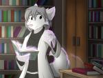 5_fingers anthro book breasts clothed clothing detailed_background ear_piercing female fingers fur inside magic piercing pink_nose solo white_body white_fur infinitedge twokinds mary_silverlock canid canine canis keidran mammal wolf 2017 digital_drawing_(artwork) digital_media_(artwork) hi_res