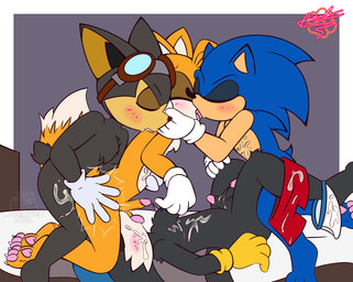 anthro bite bodily_fluids butt_slap clothing cum cum_inside cum_on_clothing cum_on_face eyewear foursome genital_fluids goggles group group_sex kissing male male/male sex slap spanking underwear young horny_raccon_protogen bandai_namco klonoa_(series) sega sonic_the_hedgehog_(series) guntz klonoa miles_prower sonic_the_hedgehog canid canine canis eulipotyphlan felid feline fox hedgehog mammal wolf hi_res