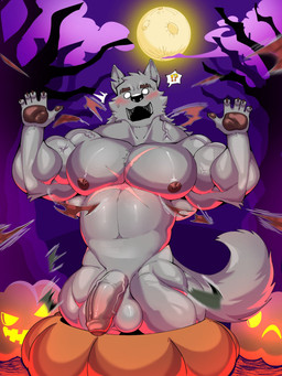 anthro balls biceps big_balls big_penis eyebrows forearm_muscles full_moon genitals growth holidays hyper jack-o'-lantern male male/male moon muscle_growth muscular muscular_male navel nude pecs penis scar solo tail vein veiny_penis kurokawashinichi_(artist) halloween mythology canid canine humanoid mammal mythological_canine mythological_creature werecanid werecanine werecreature werewolf 3:4 hi_res