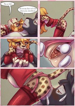 age_difference anthro bodily_fluids clothing cum cum_drip cunnilingus dripping duo female genital_fluids genitals humanoid_genitalia humanoid_vulva lingerie lipstick makeup male male/female oral sex size_difference text vaginal vulva young liryal savanna_(liryal) cheetah felid feline lagomorph leporid mammal rabbit absurd_res comic english_text hi_res
