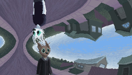 anthro black_clothing black_shirt black_topwear blue_sky brown_body brown_fur building clothing day duo fur grass house male plant road shirt sky surrealism topwear white_body white_fur demensa canid canine mammal 2022 7:4 digital_media_(artwork) pixel_(artwork)