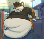 anthro arm_support belly belly_overhang belly_squish beverage big_belly claws clothed clothing fur hand_on_belly holding_belly holding_stomach inside love_handles male midriff obese obese_anthro obese_male open_mouth open_smile orange_body orange_fur overweight overweight_anthro overweight_male smile soda solo squish teeth tight_clothing white_body white_fur nixx cupricfox canid canine fox mammal hi_res