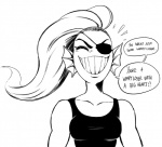 2015 anthro black_and_white breasts clothed clothing dialogue english_text eye_patch eyes_closed eyewear female fish hair marine modeseven monochrome non-mammal_breasts ponytail simple_background smile solo speech_bubble text undertale undertale_(series) undyne