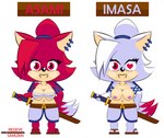 anthro armor big_breasts breasts chibi clothed clothing duo ear_piercing feet female fur hair long_hair looking_at_viewer melee_weapon nipples open_mouth piercing red_body red_eyes red_fur red_hair simple_background smile standing sword teeth weapon white_body white_fur redeye_samurai_(artist) sega sonic_the_hedgehog_(series) asami_the_cat fan_character domestic_cat felid feline felis humanoid mammal digital_media_(artwork)