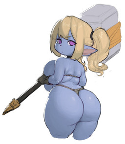 big_butt biped blonde_hair blue_body breasts butt clothing female hair hammer holding_melee_weapon holding_object holding_weapon looking_back melee_weapon not_furry pigtails purple_eyes shortstack simple_background solo thong tools underwear warhammer weapon okgaki league_of_legends riot_games tencent poppy_(lol) humanoid yordle hi_res