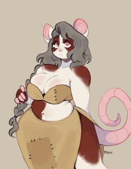 anthro clothed clothing eyelashes female female_anthro fur grey_hair hair midriff multicolored_body multicolored_fur navel patch_(fabric) pink_eyes pink_tail simple_background slightly_chubby slightly_chubby_anthro slightly_chubby_female solo tail paggi mammal murid murine rodent 2025 hi_res portrait three-quarter_portrait
