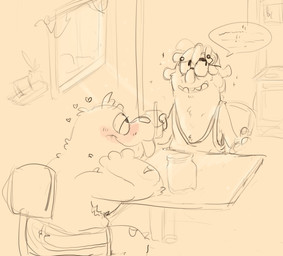 anthro bottomwear canon_couple chair clothed clothing container cup drinking_straw duo eyewear fangs furniture glasses half-closed_eyes hand_on_face hand_on_own_face hat headgear headwear heart_symbol high-angle_view holding_container holding_cup holding_object inside jar love male male/male narrowed_eyes on_chair romantic romantic_couple scar sharp_teeth shelf shirt shorts sitting sitting_on_chair smile speech_bubble star table tank_top teeth three-quarter_view topless topwear window shaibey bugsnax young_horses chandlo_funkbun snorpington_fizzlebean grumpus 2022 digital_media_(artwork) hi_res procreate_(artwork) sketch