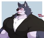 anthro big_biceps big_deltoids big_muscles big_pecs black_clothing black_shirt black_topwear blue_background blue_body blue_fur blush chest_tuft clothing deltoids eyewear facial_hair fur glasses goatee hair inner_ear_fluff male muscular muscular_anthro muscular_male open_mouth pecs red_eyes round_glasses shirt simple_background smile solo topwear tuft vein veiny_muscles white_hair yongdasom maro_(yongdasom) canid canine canis mammal wolf 2023 artist_name hi_res