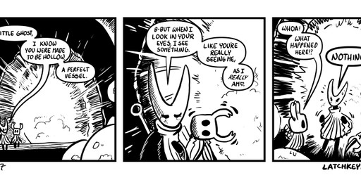 2_horns 3_panel_comic ambiguous_gender biped black_arms black_eyes black_legs black_text blush cloak clothed clothing dialogue exclamation_point group heart_symbol horn melee_weapon motion_lines nail_(weapon) question_mark sitting speech_bubble standing talking_to_another text trio weapon weapon_on_back x_eyes p5ych hollow_knight_(franchise) team_cherry hornet_(hollow_knight) nosk_(hollow_knight) the_knight_(hollow_knight) arthropod vessel_(species) artist_name comic english_text monochrome female_(lore) half_sister_(lore) sibling_(lore) sister_(lore)