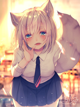 blurred_background blush bottomwear breasts classroom clothed clothing female hair inside leaning leaning_forward looking_at_viewer open_mouth school school_uniform shirt skirt solo topwear uniform white_hair chita_(ketchup) animal_humanoid canid canid_humanoid humanoid mammal mammal_humanoid 2019 hi_res