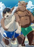 anthro belly brown_body brown_fur bulge clothing detailed_background duo footwear fur humanoid_hands kemono male outside overweight overweight_male sandals shoes swimwear water wet train_(artist) canid canine canis domestic_dog mammal suid suina sus_(pig) wild_boar 2021