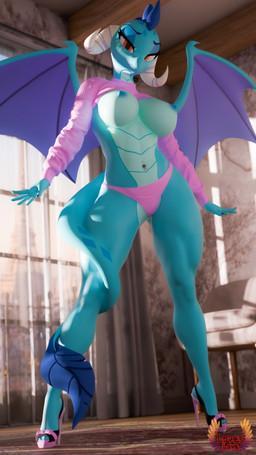 anthro areola breasts clothed clothing clothing_lift cocked_hip curved_horn female footwear high_heels horn looking_at_viewer muscular muscular_thighs navel navel_piercing nipples non-mammal_breasts non-mammal_nipples panties piercing pink_clothing pink_panties pink_sweater pink_topwear pink_underwear red_eyes shirt shirt_lift shoes solo spread_legs spreading standing sweater thick_thighs thong topwear underwear loveslove friendship_is_magic hasbro my_little_pony mythology princess_ember_(mlp) dragon mythological_creature mythological_scalie scalie 3d_(artwork) 4k 9:16 absurd_res digital_media_(artwork) hi_res