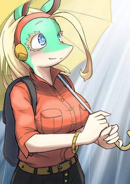 accessory anthro backpack black_bottomwear black_clothing black_pants blue_eyes bottomwear bracelet clothed clothing countershading female hair hair_accessory hairband jewelry pants raining red_clothing red_shirt red_topwear shirt solo topwear umbrella tkc_thikeshi my_hero_academia ippan_josei canid canine fox mammal quirked_human_(my_hero_academia) hi_res