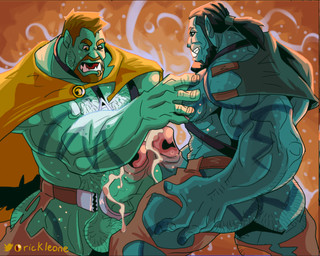 barazoku beard bodily_fluids expansion facial_hair fantasy genital_expansion genital_fluids goatee green_body growth harness magic male muscular penis_expansion precum sweat tusks rickleone orctober humanoid orc