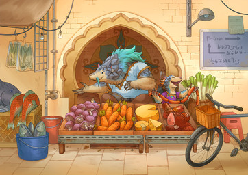 anthro belt bicycle bottomwear brown_body brown_fur bucket carrot cheese clothing container dairy_products detailed_background eyes_closed food fungus fur green_hair hair lamp leek male meat mushroom onion pants plant sausage shirt sign sitting smile store topwear vegetable vehicle sandara critter_kitchen fish mammal marine pangolin 2025 official_art