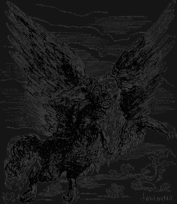 ambiguous_gender claws cloud fangs feathered_wings feathers feral flying fur grin horn looking_at_viewer outside plant smile solo teeth wings louis_le_breton dictionnaire_infernal mythology caacrinolaas canid canine canis demon domestic_dog mammal 1863 19th_century alpha_channel ancient_art hi_res signature