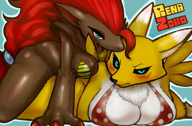 all_fours anthro big_breasts bikini black_body black_fur black_sclera blue_background blue_eyes blush breast_size_difference breasts chest_tuft claws cleavage clothed clothing duo female frown fur green_eyes hair heart_symbol huge_breasts lying neck_tuft on_front open_mouth open_smile pokemorph red_hair simple_background skimpy smile spots straddling stripes swimwear tuft two-piece_swimsuit yellow_body yellow_fur kewon bandai_namco digimon nintendo pokemon canid canine digimon_(species) generation_5_pokemon mammal pokemon_(species) renamon zoroark 2016 crossover