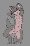 3_toes ambiguous_gender anthro blush brown_body brown_fur ear_piercing erect_nipples featureless_crotch feet fur grey_background grey_body grey_fur grey_nose hair hair_over_eye looking_at_viewer male navel nipples nude one_eye_closed one_eye_obstructed piercing pose presenting red_eyes simple_background solo spread_legs spreading toes tongue tongue_out wink kiukiu canid mammal hi_res