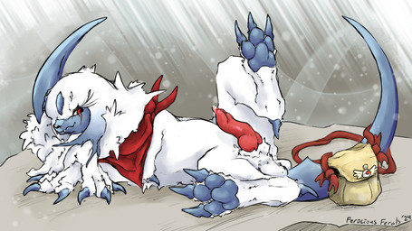 animal_genitalia animal_penis backpack balls butt canine_genitalia canine_penis crossed_legs feet feral foot_focus fur genitals kerchief kerchief_only looking_at_viewer male mostly_nude pawpads paws penis presenting presenting_penis raised_paw red_eyes solo white_body white_fur ferocious_ferals nintendo pokemon pokemon_mystery_dungeon spike_chunsoft slyth absol generation_3_pokemon pokemon_(species) 16:9 hi_res widescreen