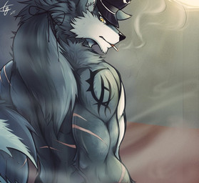 anthro biceps cigarette clothing hair hat headgear headwear male scar smoking solo tattoo cygni canid canine canis mammal wolf 2015 digital_media_(artwork)